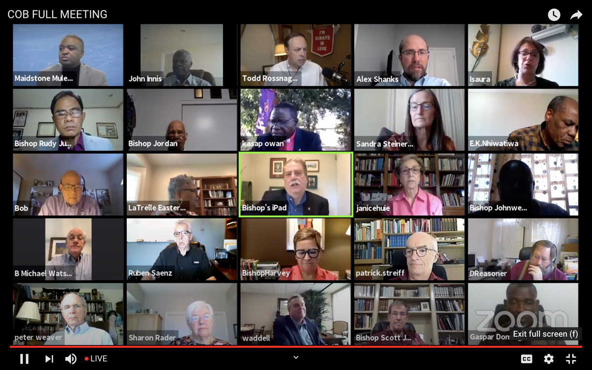 A screenshot of the Council of Bishops virtual meeting April 29 shows Bishop Kenneth H. Carter speaking while attending bishops listen. Bishop Carter delivered his final address as the Council of Bishops president at the meeting. Image courtesy of the Council of Bishops via YouTube.  