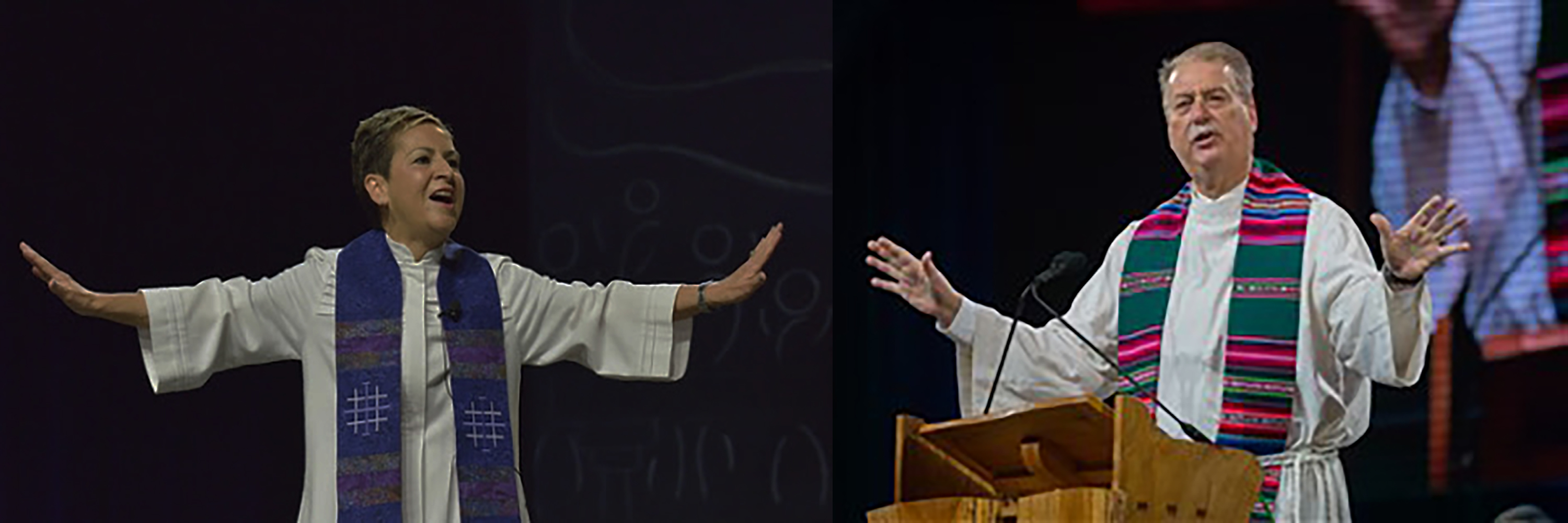 El Obispo Ken Carter del área de Florida (derecha), quien ha dirigido el Concilio de Obispos/as (COB por sus siglas en inglés) desde 2018, presidirá y ofrecerá su discurso final y entregará el mazo al final de esta reunión a la Obispa Cynthia Fierro Harvey (izquierda) del área de Luisiana. Fotos de archivo cortesía de COB y Paul Jeffrey, Noticias MU. 