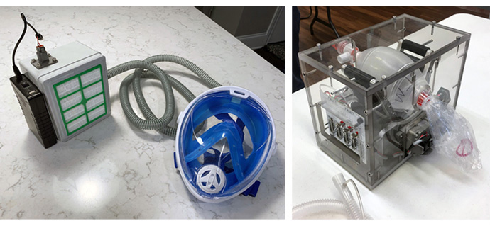 A group of about 16 men and women – engineers from Asbury United Methodist Church in Columbus, Indiana, along with other engineers – are taking on the challenge of designing and manufacturing a respirator (pictured left) and ventilator (pictured right) for use with COVID-19 patients. Though still at the testing prototypes stage, the group’s goal is to provide 150 respirators and ventilators at no cost to the hospital. Photos courtesy of Asbury United Methodist Church.