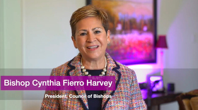 Bishop Cynthia Fierro Harvey gives a pre-recorded video address to the United Methodist Council of Bishops after she was installed as council president. Screenshot of Zoom meeting via Facebook by UM News.