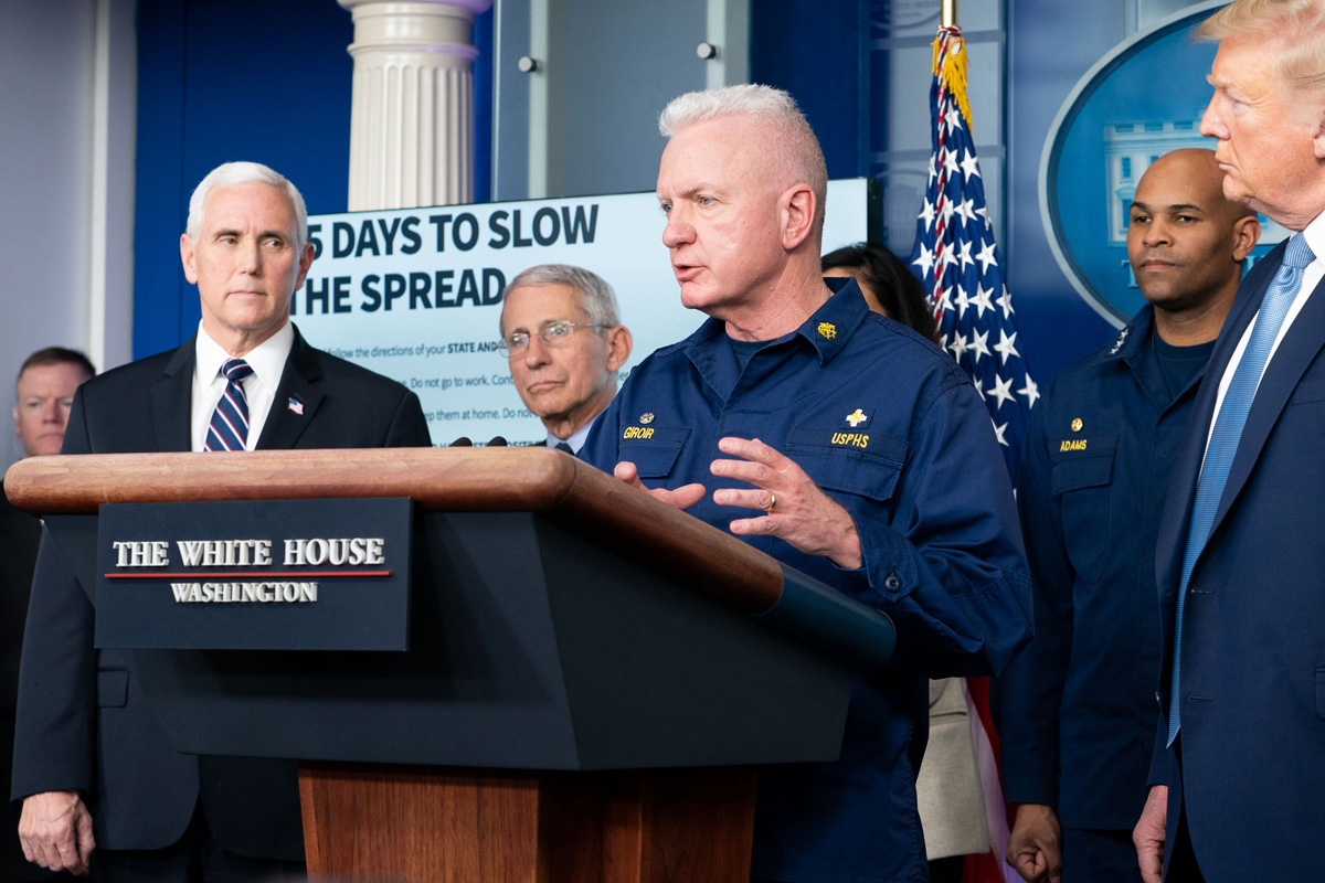 Admiral Brett Giroir, lead federal coordinator for coronavirus testing, takes his turn speaking at a March 16 White House briefing that includes President Donald Trump, Vice President Mike Pence and members of the White House coronavirus task force. During the COVID-19 pandemic, Giroir has received supportive emails and text messages from fellow members of Lovers Lane United Methodist Church in Dallas. Official White House Photo by D. Myles Cullen.