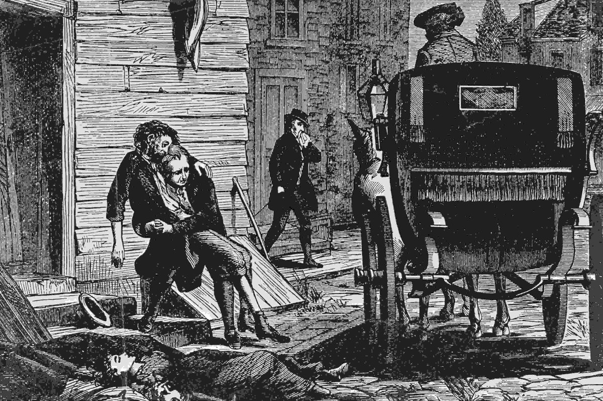 Artist interpretation of the yellow fever epidemic in Philadelphia in 1793. As the virus sickened thousands, a U.S. founding father turned to two Methodists for help. Print from Bettmann Archives. 