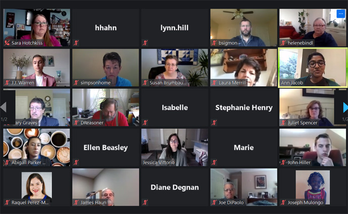 General Conference organizers and staff members meet by Zoom with General Conference delegates Ann Jacob, Jessica Vittorio and J.J. Warren to hear concerns about what the then-proposed dates mean for young adults. Screenshot of Zoom meeting by UM News.