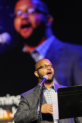The Rev. R. DeAndre Johnson sings during morning worship at the 2016 United Methodist General Conference in Portland, Ore. He serves as pastor of music and worship life at Christ Church in Sugar Land, Texas. File photo by Maile Bradfield, UM News. 