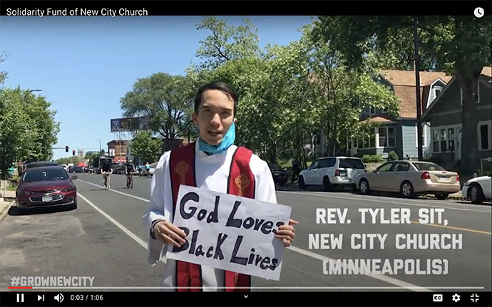 The Rev. Tyler Sit promotes the Solidarity Fund, established by New City Church in Minneapolis to support justice work in the neighborhood where George Floyd was killed. Screenshot from YouTube.