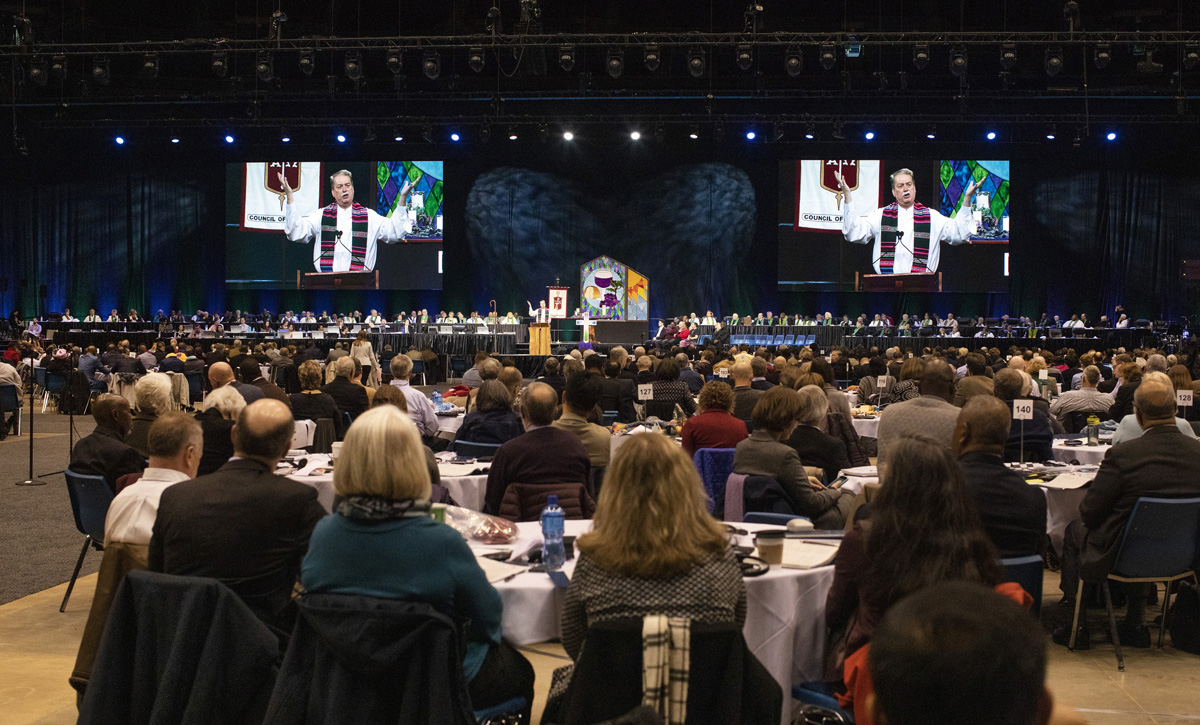 Bishop Kenneth H. Carter gives the sermon and benediction during opening worship for the 2019 United Methodist General Conference in St. Louis. File photo by Kathleen Barry, UM News. Bishop Kenneth H. Carter gives the sermon and benediction during opening worship for the 2019 United Methodist General Conference in St. Louis. File photo by Kathleen Barry, UM News.