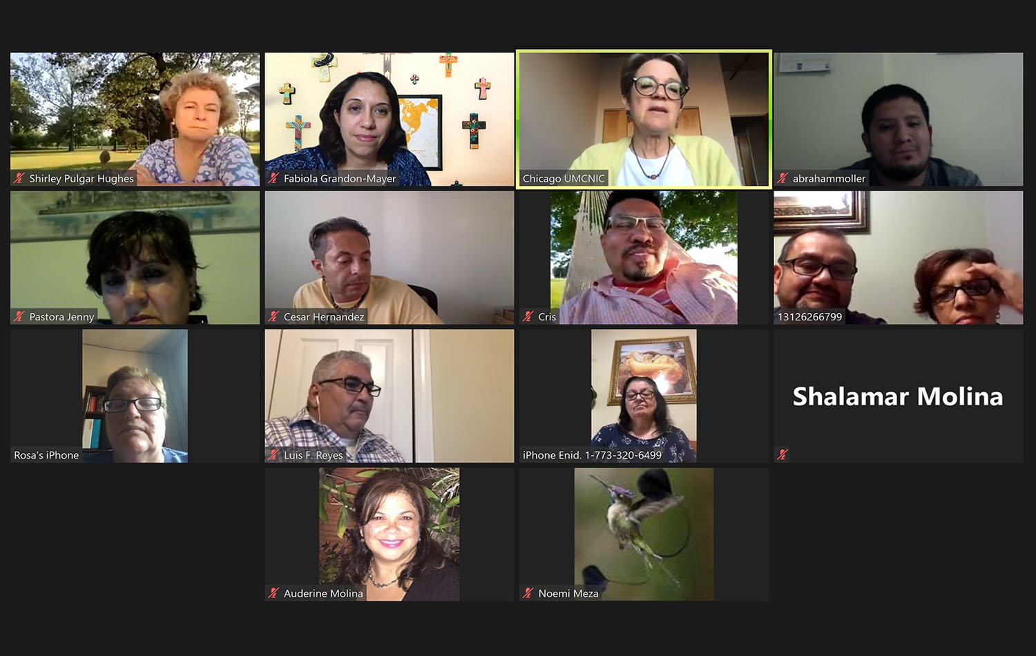 La Obispa Sally Dyck se reúne virtualmente con líderes hispano-latinos metodistas unidos/as de la Conferencia Anual del Norte de Illinois, en torno al tema de los desafíos que enfrentan en medio de la pandemia de Covid-19. Captura de Pantalla cortesía de la Conferencia Anual del Norte de Illinois.