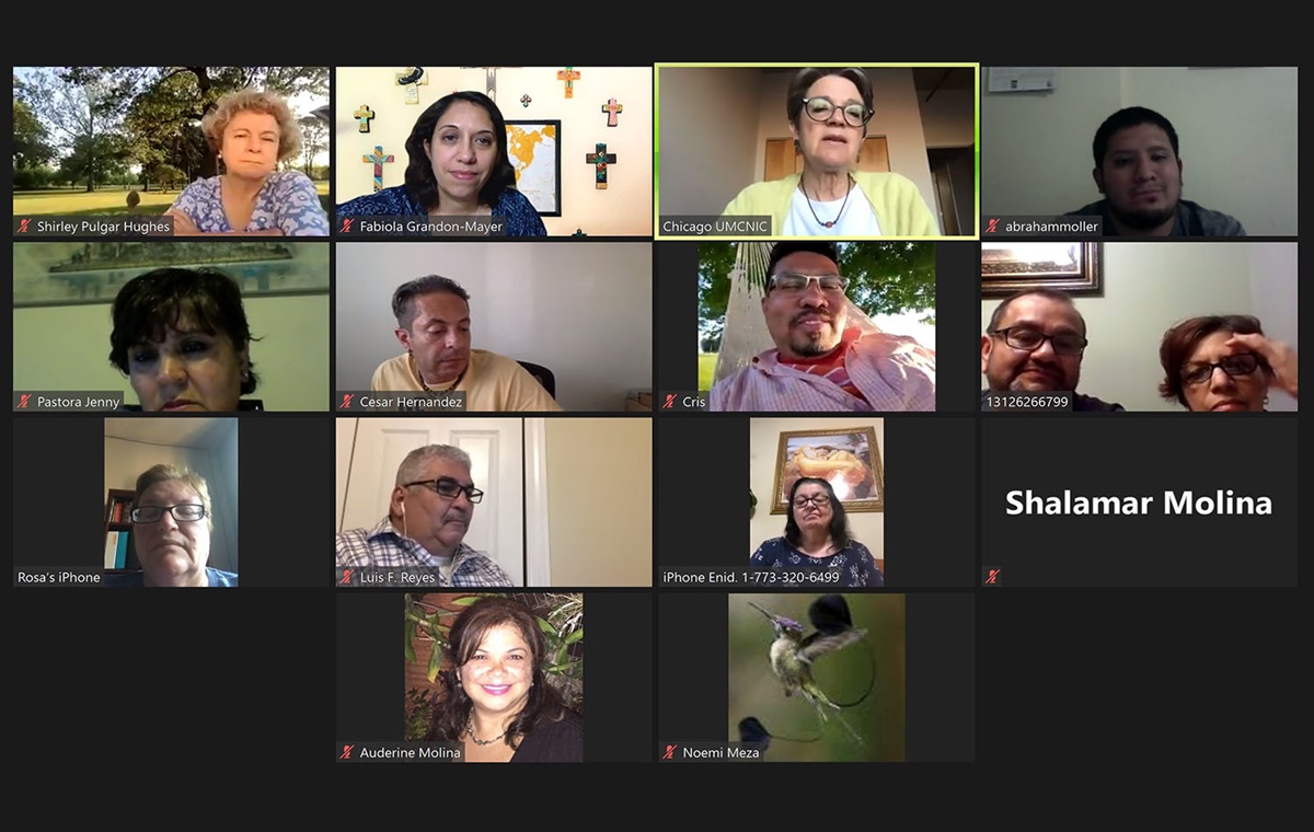 La Obispa Sally Dyck se reúne virtualmente con líderes hispano-latinos metodistas unidos/as de la Conferencia Anual del Norte de Illinois, en torno al tema de los desafíos que enfrentan en medio de la pandemia de Covid-19. Captura de Pantalla cortesía de la Conferencia Anual del Norte de Illinois. La Obispa Sally Dyck se reúne virtualmente con líderes hispano-latinos metodistas unidos/as de la Conferencia Anual del Norte de Illinois, en torno al tema de los desafíos que enfrentan en medio de la pandemia de Covid-19. Captura de Pantalla cortesía de la Conferencia Anual del Norte de Illinois.