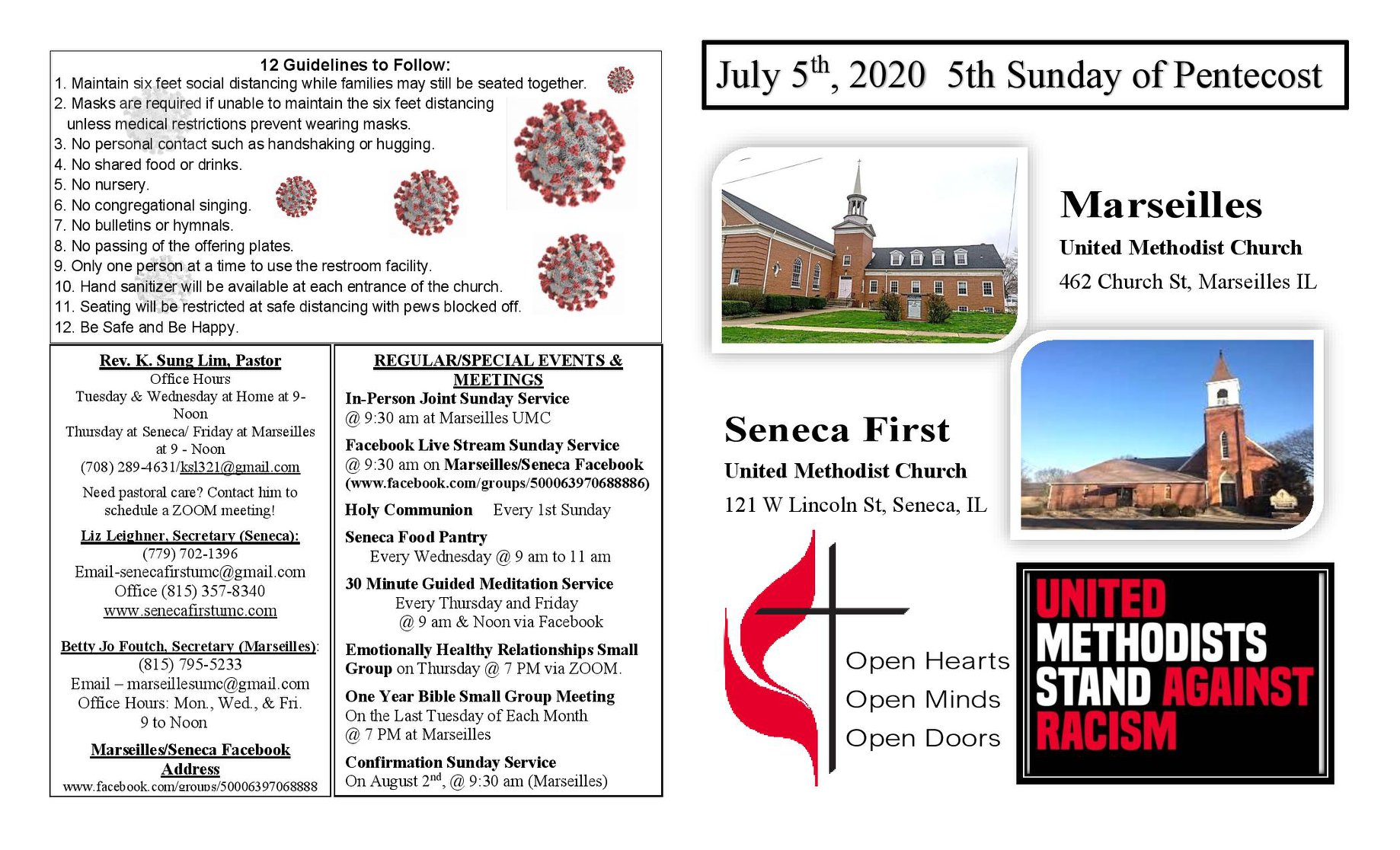 코로나19 시대는 한인교회와 목회자들에게 고민거리를 던져주고, 기도하게 한다. 북일리노이 연회의 세네카연합감리교회와 마세일즈연합감리교회를 담임하는 임광성 목사가 자신의 교인들과 소통하기 위해 올린 페이스북 페이지 캡처. 이 두 교회는 지난 7월 5일 대면예배를 재개했고, 성만찬도 진행했다. 사진, 임광성 목사 페이스북 캡처. 