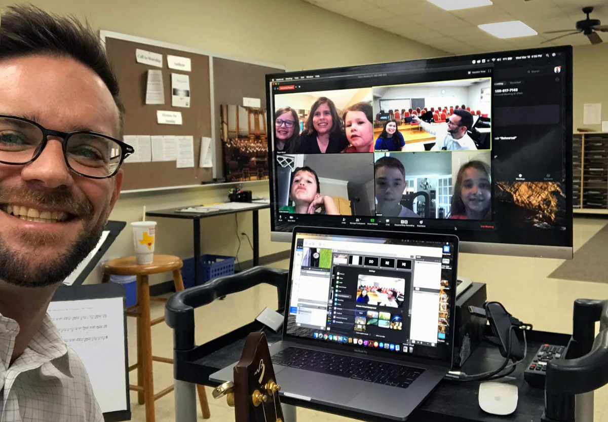 Michael Vaughn, director of music ministry at A&M United Methodist Church in College Station, Texas, has directed and edited virtual choir videos, including with his church’s children’s choir. United Methodist music ministers are coming up with creative ways to keep music going and keep choir members engaged during the COVID-19 pandemic. Photo courtesy of Michael Vaughn. Michael Vaughn, director of music ministry at A&M United Methodist Church in College Station, Texas, has directed and edited virtual choir videos, including with his church’s children’s choir. United Methodist music ministers are coming up with creative ways to keep music going and keep choir members engaged during the COVID-19 pandemic. Photo courtesy of Michael Vaughn.