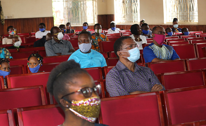 Worshippers at Charles Davies Memorial United Methodist Church in western Freetown, Sierra Leone, space out as they observe social distancing during worship service July 19, the first congregational worship since lockdowns were imposed to stop the spread of the coronavirus. Photo by Phileas Jusu, UM News. 