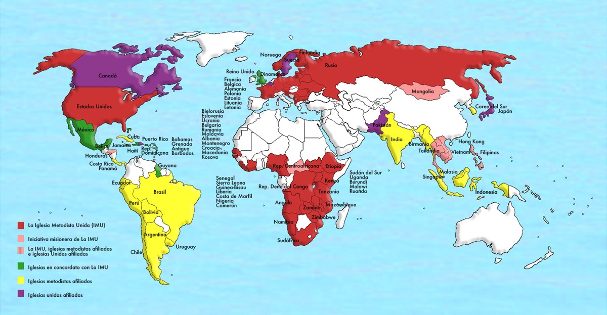 El mapa muestra la presencia de La Iglesia Metodista Unida junto con las iglesias afiliadas y en concordato alrededor del mundo. Mapa versión en español por el Rev. Gustavo Gustavo Vasquez, Noticias MU.  El mapa muestra la presencia de La Iglesia Metodista Unida junto con las iglesias afiliadas y en concordato alrededor del mundo. Mapa versión en español por el Rev. Gustavo Gustavo Vasquez, Noticias MU.