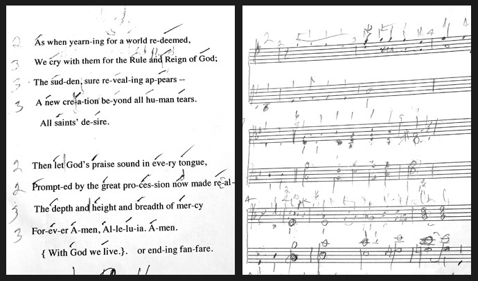 In an upstairs office at his Nashville, Tenn., home, the Rev. Carlton R. “Sam” Young sets hymn texts to music, marking the accents as a first step. He and the Rev. Don Saliers have been collaborating on an All Saints’ Day hymn. Photos courtesy of Sam Young. 