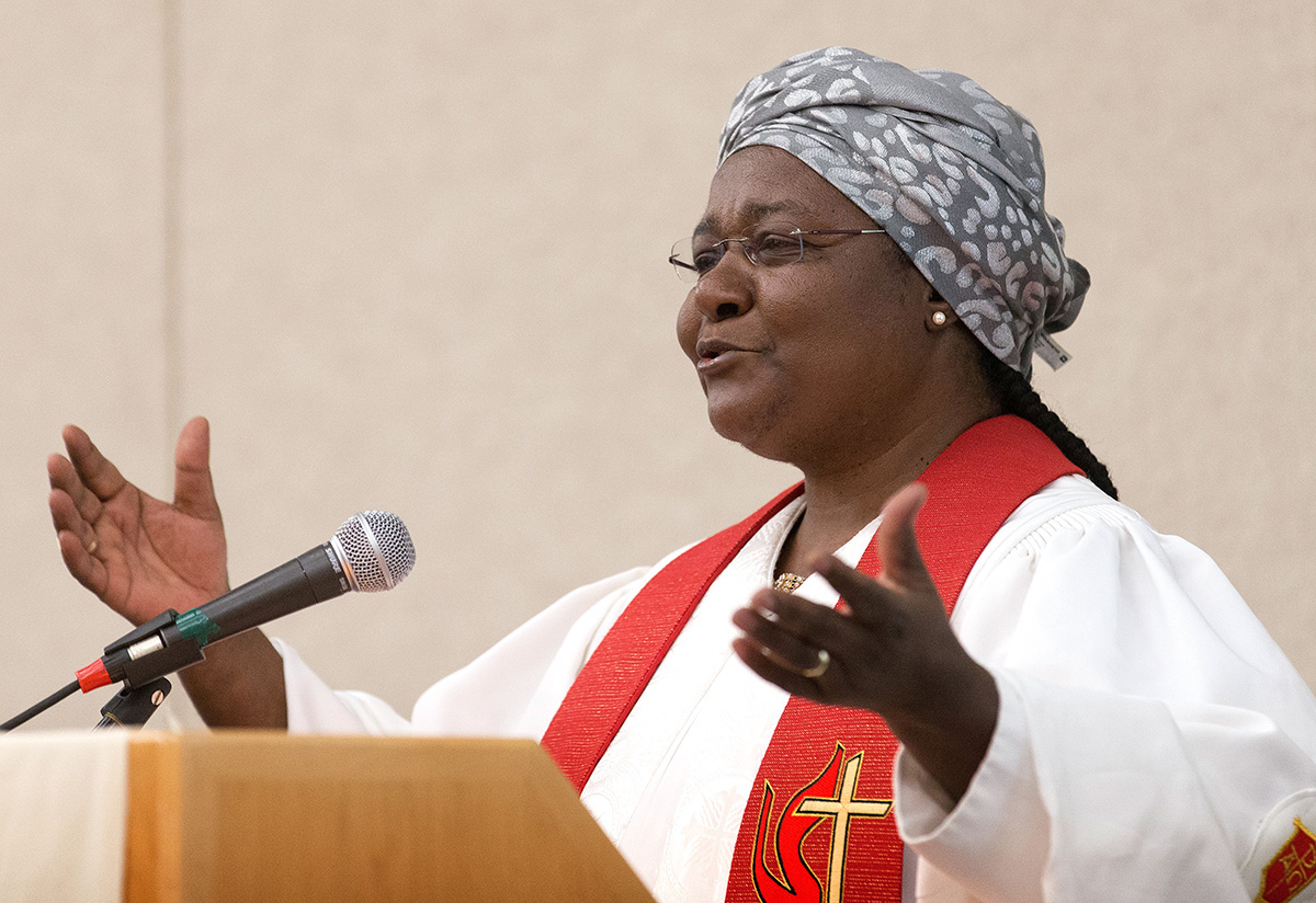 Bishop Joaquina Filipe Nhanala helps lead a worship service sponsored by the United Methodist Commission on the Status and Role of Women during the 2016 United Methodist General Conference in Portland, Ore. Nhanala spoke about having to deal with sexism in the church during the commission’s virtual women’s leadership summit Oct. 8-10, 2020. File photo by Mike DuBose, UM News.