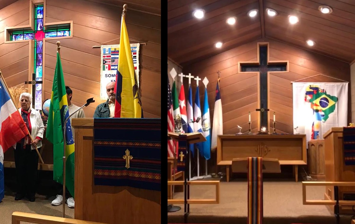 Dos fotos de las celebración del  "Mes de la Herencia Hispana", en la IMU Nuevo Amanecer de Des Plaines estado de Illinois, contrastan la manera como se llevaron a cabo las festividades presenciales en el 2019 (foto de la izquierda) y de manera virtual en el 2020 (foto de la derecha). Fotos cortesía de la Revda. Fabiola Grandon-Mayer, Conferencia Anual del Norte de Illinois..  Dos fotos de las celebración del  "Mes de la Herencia Hispana", en la IMU Nuevo Amanecer de Des Plaines estado de Illinois, contrastan la manera como se llevaron a cabo las festividades presenciales en el 2019 (foto de la izquierda) y de manera virtual en el 2020 (foto de la derecha). Fotos cortesía de la Revda. Fabiola Grandon-Mayer, Conferencia Anual del Norte de Illinois..
