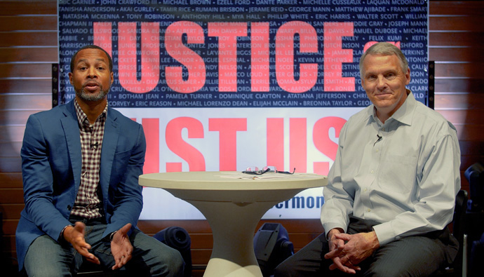 The Rev. Jevon Caldwell-Gross (left), pastor of teaching and guest experience at St. Luke’s United Methodist Church in Indianapolis, with the Rev. Rob Fuquay, senior pastor at St. Luke’s, film a video about racism. Photo courtesy of St. Luke’s United Methodist Church.