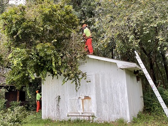 An early response team from South Carolina responds to relief/recovery work at South Brookley United Methodist Church in Mobile, Alabama, after the destructive path of Hurricane Sally. On the roof is the Rev. John Elmore, pastor of St. Mark United Methodist Church, Greenwood, South Carolina. On the ground is Phil Griswold, member of New Beginnings United Methodist Church, Boiling Springs, South Carolina. Photo by Jill Evans. An early response team from South Carolina responds to relief/recovery work at South Brookley United Methodist Church in Mobile, Alabama, after the destructive path of Hurricane Sally. On the roof is the Rev. John Elmore, pastor of St. Mark United Methodist Church, Greenwood, South Carolina. On the ground is Phil Griswold, member of New Beginnings United Methodist Church, Boiling Springs, South Carolina. Photo by Jill Evans.
