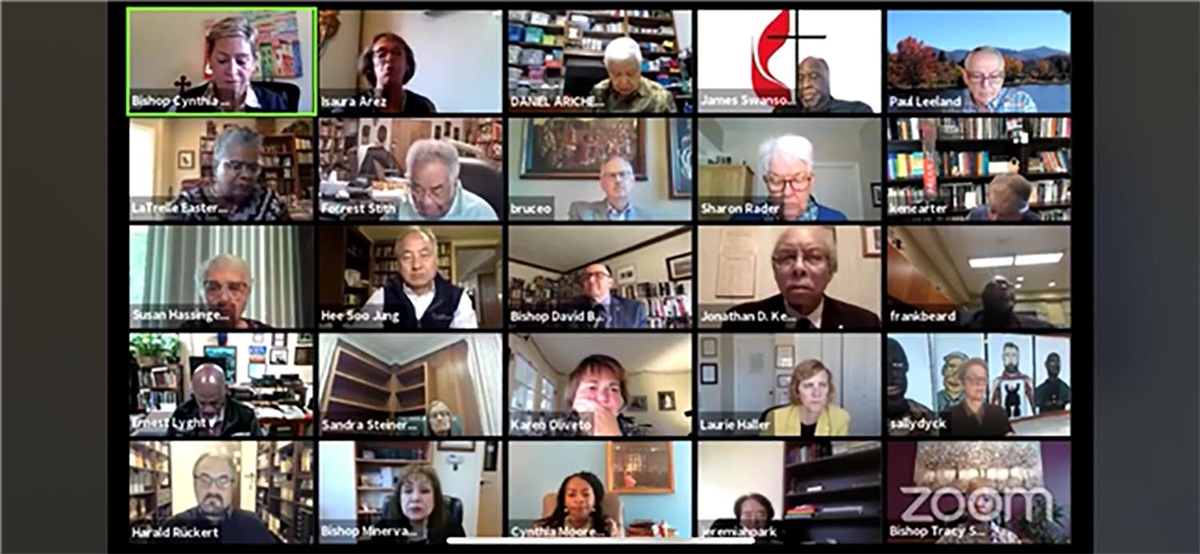 La reunión virtual Concilio de Obispos/as, llevada a cabo del 2 al 5 de noviembre pasado, reunió a 115 obispos/as activos/as y retirados/as de África, Asia, Europa y América del Norte. Foto cortesía del Concilio de Obispos/as de La Iglesia Metodista Unida  La reunión virtual Concilio de Obispos/as, llevada a cabo del 2 al 5 de noviembre pasado, reunió a 115 obispos/as activos/as y retirados/as de África, Asia, Europa y América del Norte. Foto cortesía del Concilio de Obispos/as de La Iglesia Metodista Unida