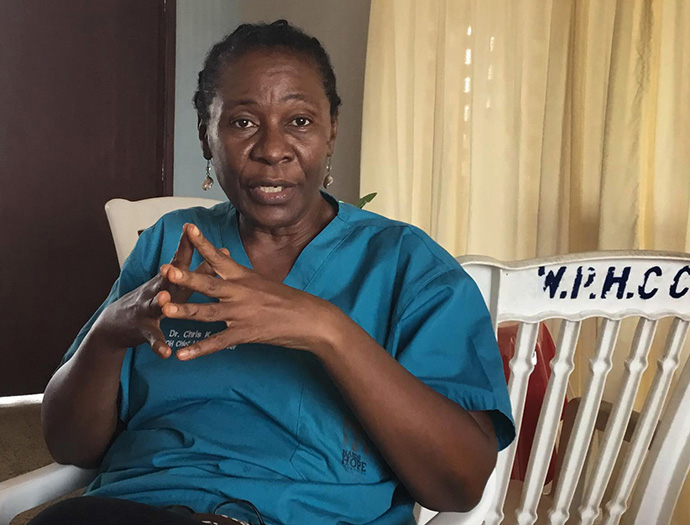 Dr. Chris Hena, founder of Healthy Women, Healthy Liberia, is director of the Waterfield Primary Healthcare Center in Kakata, Liberia. Photo by E Julu Swen, UM News.
