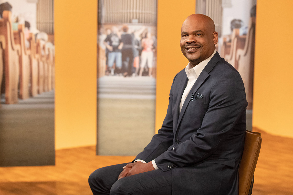 The Rev. Junius B. Dotson records a segment of the “Soul Reset” study series for the Upper Room at United Methodist Communications in Nashville, Tenn., in 2019. Dotson, the top executive of Discipleship Ministries, told his staff and board on Jan. 28 that he has been diagnosed with pancreatic cancer but intends to continue to serve as he fights the disease. File photo by Mike DuBose, UM News.