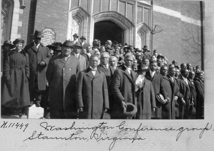 An undated photo in front of Augusta Street Methodist Episcopal Church, in Staunton, Va., appears in the PBS documentary “The Black Church,” airing Feb. 16-17. The handwritten information with the photo says, “Washington Conference group, Staunton, Virginia.” The United Methodist Commission on Archives and History provided the filmmakers with that photo and more than 50 others. Photo Courtesy of the United Methodist Commission on Archives and History.