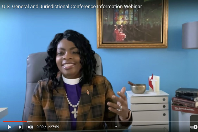 Bishop Cynthia Moore-Koikoi of the Western Pennsylvania Conference facilitates the U.S. General and Jurisdictional Conference Information Webinar hosted by the United Methodist Council of Bishops on Feb. 13. Screengrab courtesy of United Methodist Communications by UM News.