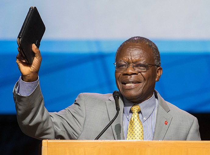 Bishop John Innis of Liberia addresses the 2016 United Methodist General Conference in Portland, Ore. Innis, who retired in 2016, will serve on the transitional leadership council for the Global Methodist Church. File photo by Mike DuBose, UM News.