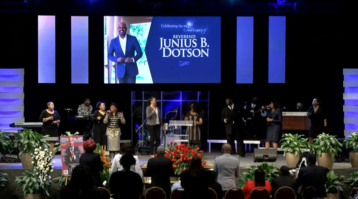 United Methodists and guests celebrate the life of the Rev. Junius B. Dotson during a March 6 service at Windsor Village United Methodist Church in Houston. Dotson, the top executive of Discipleship Ministries, died Feb. 25 at age 55. Photo courtesy of Discipleship Ministries. United Methodists and guests celebrate the life of the Rev. Junius B. Dotson during a March 6 service at Windsor Village United Methodist Church in Houston. Dotson, the top executive of Discipleship Ministries, died Feb. 25 at age 55. Photo courtesy of Discipleship Ministries.