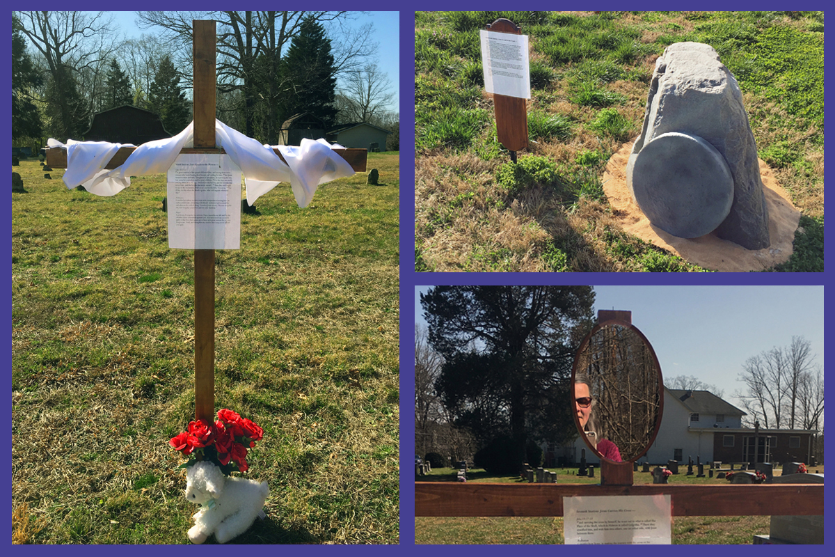 A Igreja Metodista Unida Concord em Lewisville, NC, está apresentando uma Estações da Cruz ao ar livre este ano para que as pessoas na igreja e na comunidade percorram diferentes lembretes da paixão de Cristo. Neste segundo ano de pandemia, as igrejas continuam a ser criativas enquanto observam com segurança esta época sagrada do calendário cristão. Fotos de Teresa Reece, Igreja Metodista Unida Concord.