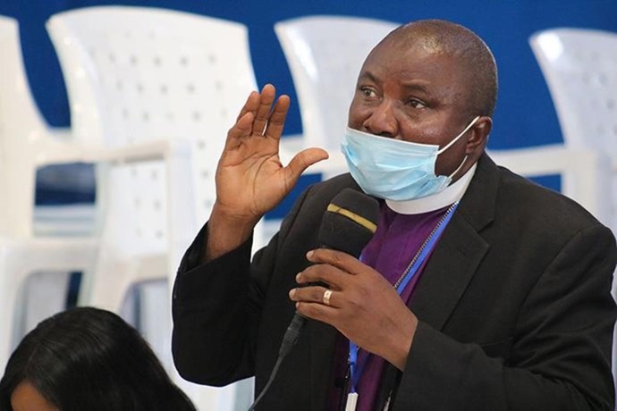 Bishop Samuel J. Quire Jr. addresses the Liberia Annual Conference meeting in Gbarnga, Liberia, in March. Quire is among African bishops in The United Methodist Church who have been discussing a denominational split and what that might mean for them and their conferences. Photo by E Julu Swen, UM News.