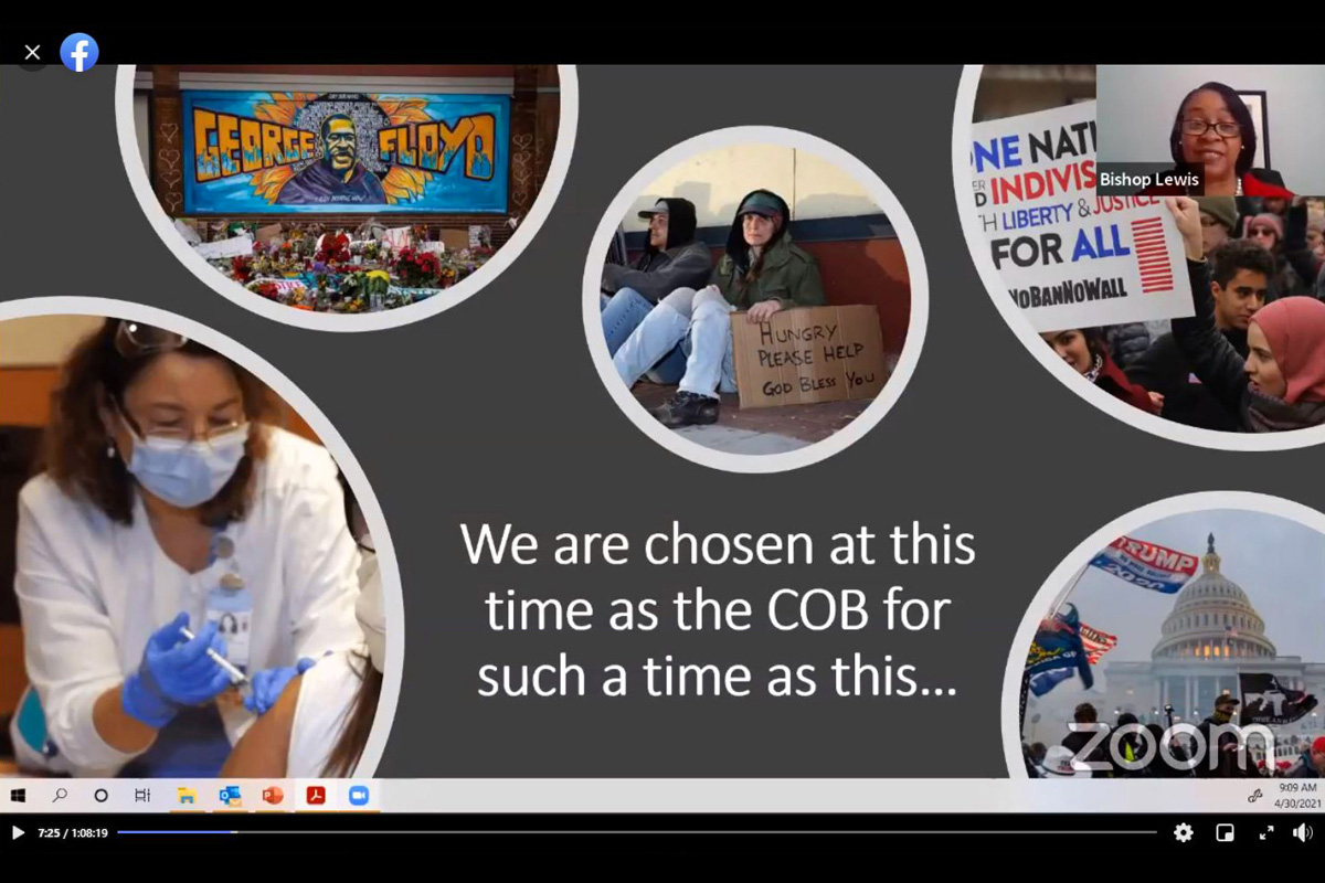 The Virginia Conference’s Bishop Sharma D. Lewis (upper right corner) leads the devotional during the April 30 session of the United Methodist Council of Bishops spring meeting. The bishops maintained that no elections of bishops or agency board members would be held this year, despite some delegates urging otherwise. Screengrab courtesy of the Council of Bishops via ZOOM by UM News.