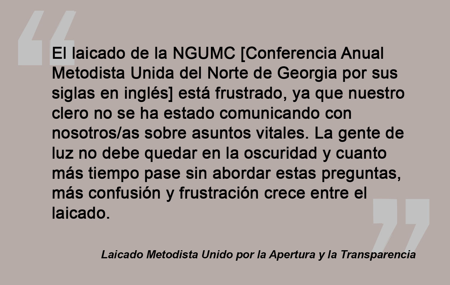 Un extracto del anuncio de página completa publicado en la edición del 9 de mayo del Atlanta Journal-Constitution por un grupo de laicos/as de la Conferencia Anual del Norte de Georgia. El anuncio era una carta abierta a la Obispa Sue Haupert-Johnson, en busca de respuestas sobre la disputa por el nombramiento pastoral en la Iglesia Metodista Unida Mt. Bethel, la inclusión de personas LGBTQ y el futuro de la iglesia. Gráfico de Laurens Glass, Noticias MU; versión en español Rev. Gustavo Vasquez, Noticias MU.