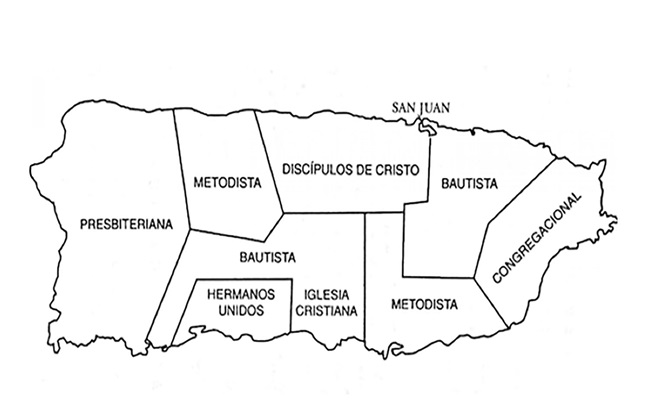 Mapa de Puerto Rico que muestra la división del territorio que las denominaciones protestantes hicieron, después de la guerra hispano-americana. Ilustración cortesía de MARCHA.