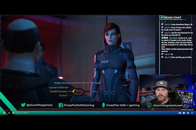 The Rev. David Petty, shown in the inset image at lower right, plays the Mass Effect video game online. Petty, senior pastor at St Paul’s United Methodist Church in Colorado Springs, Colo., has been in ministry with the gaming community since 2017. UM News screenshot from YouTube. The Rev. David Petty, shown in the inset image at lower right, plays the Mass Effect video game online. Petty, senior pastor at St Paul’s United Methodist Church in Colorado Springs, Colo., has been in ministry with the gaming community since 2017. UM News screenshot from YouTube.