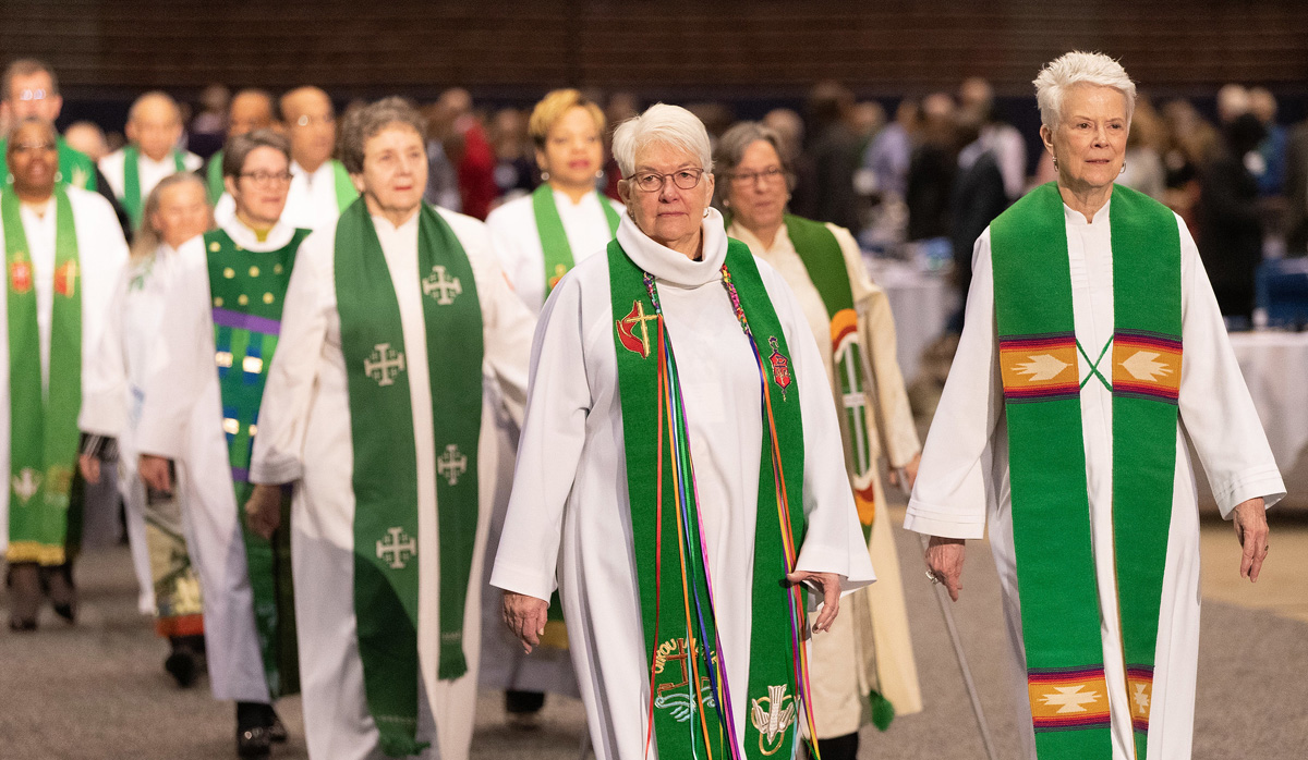 United Methodist bishops process into the opening worship service for the 2019 special General Conference in St. Louis. The five U.S. jurisdictions have made public their episcopal supervision plans outlining where U.S. bishops will serve in this interim time before elections scheduled for next year. File photo by Mike DuBose, UM News. United Methodist bishops process into the opening worship service for the 2019 special General Conference in St. Louis. The five U.S. jurisdictions have made public their episcopal supervision plans outlining where U.S. bishops will serve in this interim time before elections scheduled for next year. File photo by Mike DuBose, UM News.