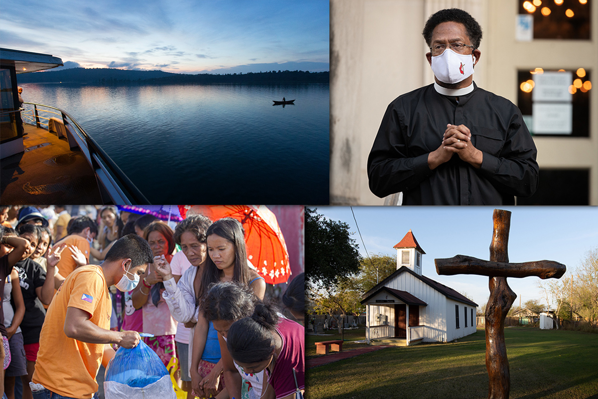 (Clockwise, from top left) Lake Kivu in the Democratic Republic of Congo; the Rev. Stephen Handy leads a prayer vigil in Nashville, Tenn., for those lost to acts of racism; Jackson Chapel United Methodist Church in San Juan, Texas; volunteers from the United Methodist Committee on Relief distribute food to survivors of Typhoon Haiyan in Tacloban, Philippines. Photos by Mike DuBose, UM News.