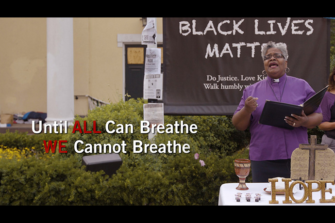 United Methodist Bishop LaTrelle Easterling helps conduct a denomination-wide online service of lament for racism while standing in front of St. John’s Episcopal Church in Washington on June 24, 2020. The anti-racism work of the church is just getting started after the first year of the Dismantling Racism campaign, say bishops and others. File screenshot of video by United Methodist Communications.