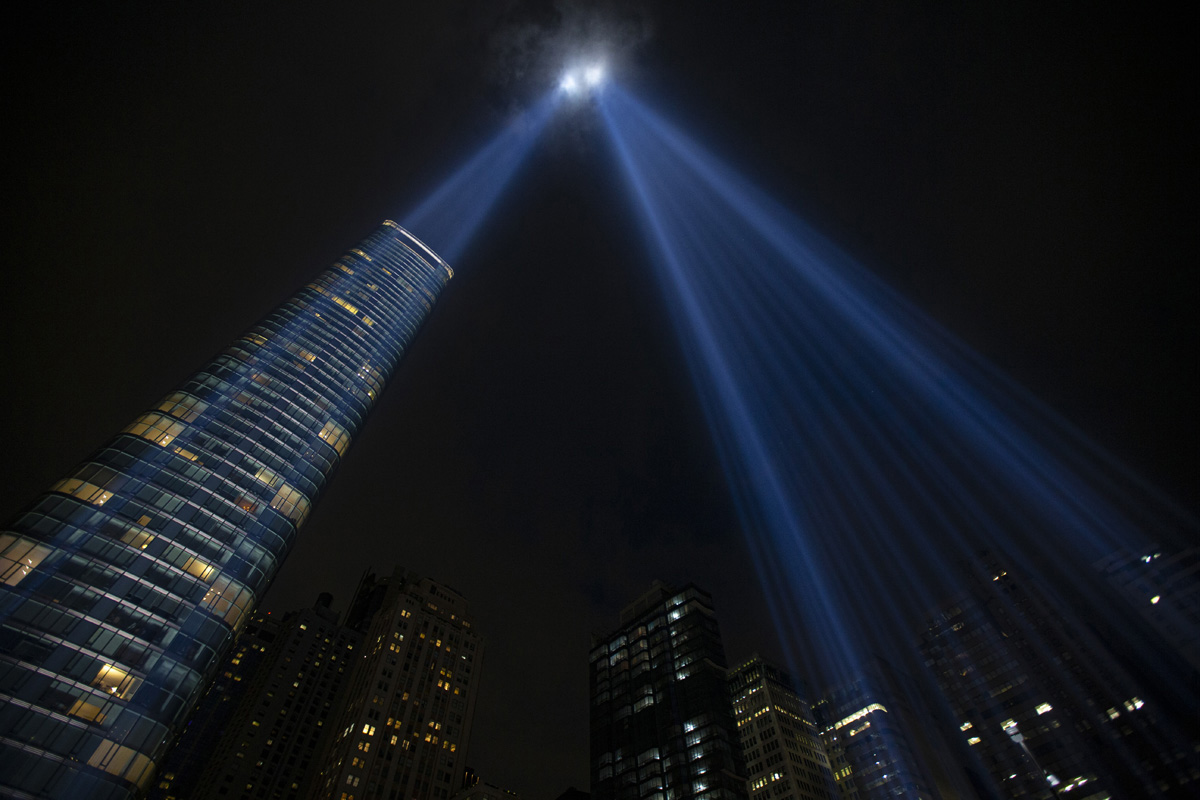 The Tribute in Light is an art installation created in remembrance of those who perished in the Sept. 11, 2001, terrorist attacks on the World Trade Center in New York City. It consists of 88 vertical searchlights arranged in two columns to represent the twin towers that came down in the attack. On clear nights, the lights can be seen over 60 miles away. Photo courtesy of the National 9/11 Memorial & Museum. The Tribute in Light is an art installation created in remembrance of those who perished in the Sept. 11, 2001, terrorist attacks on the World Trade Center in New York City. It consists of 88 vertical searchlights arranged in two columns to represent the twin towers that came down in the attack. On clear nights, the lights can be seen over 60 miles away. Photo courtesy of the National 9/11 Memorial & Museum.