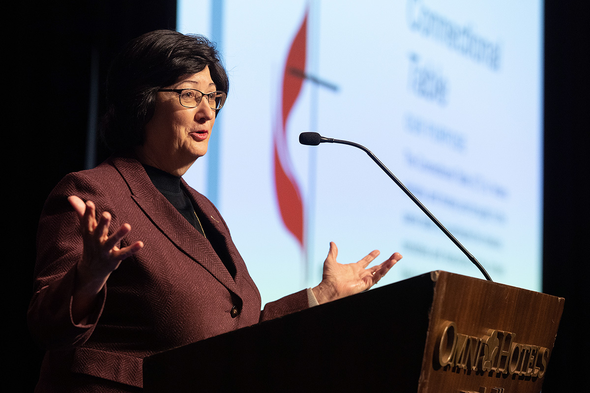 Barbara Boigegrain, top executive of Wespath Benefits and Investments, addresses the 2020 Pre-General Conference Briefing in Nashville, Tenn. Photo by Mike DuBose, UM News.