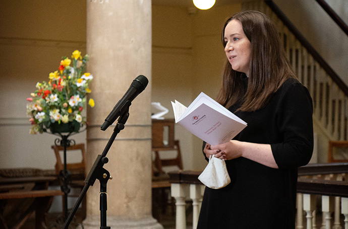 Sarah Hollingdale, heritage officer for the Methodist Church in Britain, shares a reflection on Francis Asbury and his importance to Methodists in England as well as America. Hollingdale spoke Sept. 12 at a service commemorating Asbury’s crossing to America 250 years ago. The service was held at John Wesley’s New Room in Bristol, England, where Asbury responded to the call for volunteer preachers to travel to the New World. Photo by Tim Tanton, UM News.