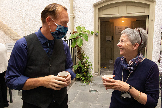 Barbara Easton, vice-president of the Methodist Church in Britain, talks with Dan Krause, top staff executive of United Methodist Communications, following a Sept. 12 service celebrating the 250th anniversary of Francis Asbury’s crossing from England to America. During the service, held at John Wesley’s New Room in Bristol, England, Easton told listeners why she is “an Asbury fan.” Photo by Tim Tanton, UM News.