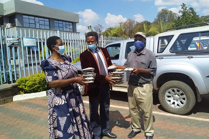 The Rev. Kelvin Mwandira (right) delivers mushrooms he has cultivated to customers Esther Razo and Solomon Chiripasi outside the Zimbabwe West Conference offices in Harare. Mwandira is among retired clergy in Zimbabwe who have turned to agriculture and other small business ventures to help fund their retirements. Photo by Chenayi Kumuterera, UM News.