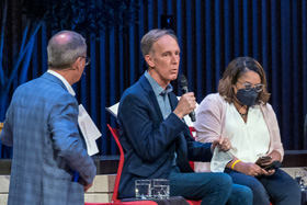 The Rev. Tom Berlin (second from left) speaks as part of a panel on The United Methodist Church’s future during the Leadership Institute at United Methodist Church of the Resurrection in Leawood, Kan. Photo by Tom Bradley Photography.