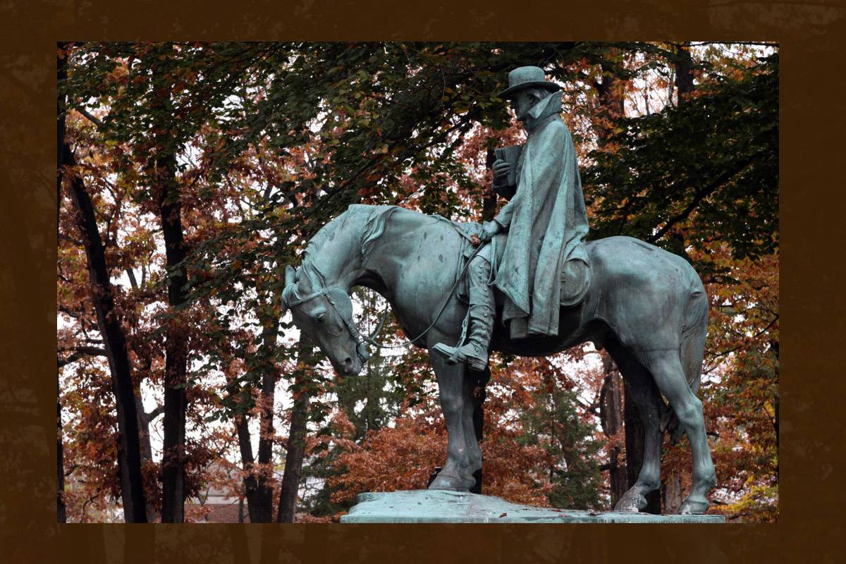The larger-than-life statue of Bishop Francis Asbury is located near the front of campus at United Methodist-affiliated Drew University in Madison, N.J. File photo by Kathleen Barry, UM News.