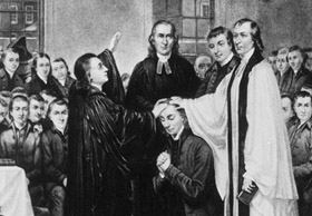 Detail from the ordination of Bishop Francis Asbury at Methodist Episcopal Church of the United States in 1784. Engraving by A. Gilchrist Campbell from a painting by Thomas Coke Ruckle, 1882. Courtesy of the Drew University Methodist Collection (Madison, N.J.) via Wikimedia Commons.
