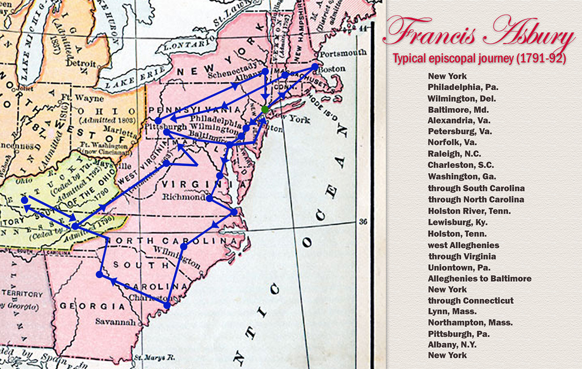In his annual or semi-annual episcopal journeys, Francis Asbury visited practically every state in the Union. This map outlines his 1791-92 travels as detailed in the book, “Francis Asbury: The Prophet of the Long Road.” Map image by the Florida Center for Instructional Technology at the University of South Florida; graphic by Laurens Glass, UM News. 
