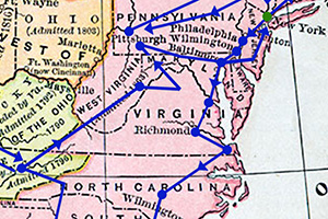 In his annual or semi-annual episcopal journeys, Francis Asbury visited practically every State in the Union. This map outlines his 1791-92 as detailed in the book, “Francis Asbury: The Prophet of the Long Road.” Map image by the Florida Center for Instructional Technology at the University of South Florida; graphic by Laurens Glass, UM News. 