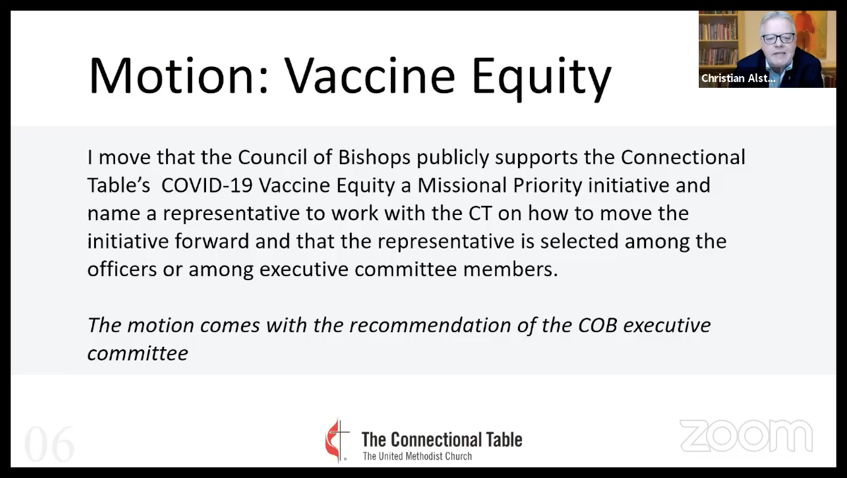 The United Methodist Council of Bishops, meeting in open session Nov. 5, received updates on their finances, affirmed the effort to make vaccine access a missional priority, and approved a study on online communion. Screengrab courtesy of the Council of Bishops via ZOOM by UM News.