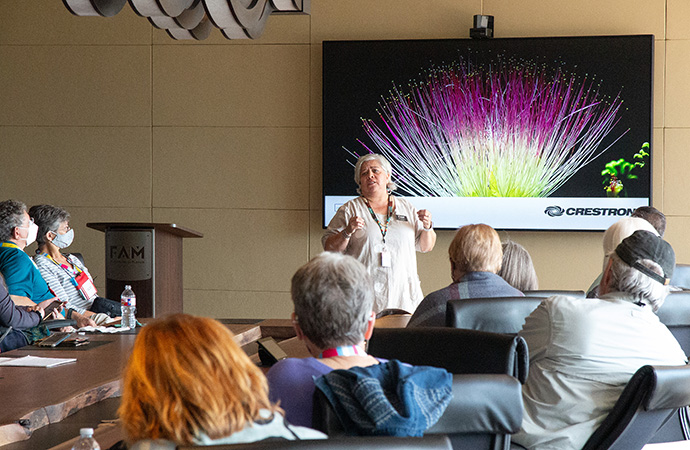 Senior curator heather ahtone tells a United Methodist immersion group at the First Americans Museum that each of Oklahoma’s 39 tribes has its own creation story, and all of them are valid. She discussed the power of stories and the importance of remembering history during the group’s visit to the museum, which opened Sept. 18 in Oklahoma City. Photo by Tim Tanton, UM News.