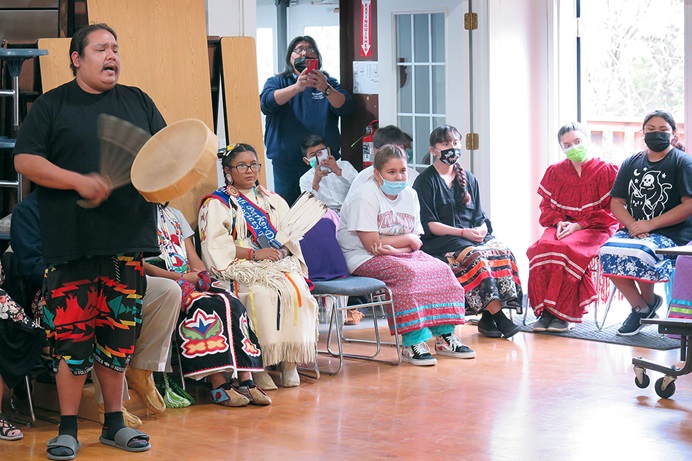 Nic Hamilton, a Cheyenne and Arapaho, performs an original song during a presentation for a group of United Methodist visitors at Sovereign Community School in Oklahoma City. The group of about 40 people were participating in an immersion into Native American culture and ministries sponsored by The United Methodist Church’s Oklahoma Indian Missionary Conference. Photo by Tim Tanton, UM News. Nic Hamilton, a Cheyenne and Arapaho, performs an original song during a presentation for a group of United Methodist visitors at Sovereign Community School in Oklahoma City. The group of about 40 people were participating in an immersion into Native American culture and ministries sponsored by The United Methodist Church’s Oklahoma Indian Missionary Conference. Photo by Tim Tanton, UM News.
